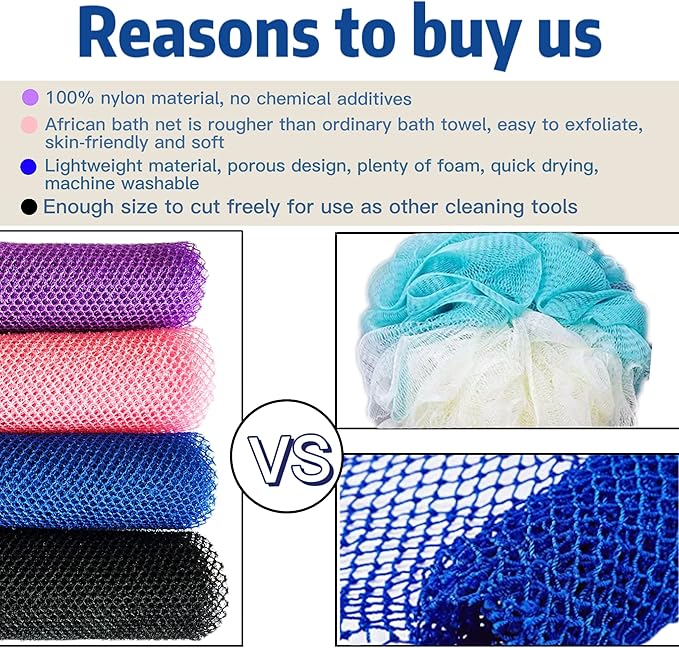 African Exfoliating Net, 4 Pieces African Net Sponge, Nylon African Bath Sponge Net, African Net Long Net Bath Sponge Shower Body Scrubber