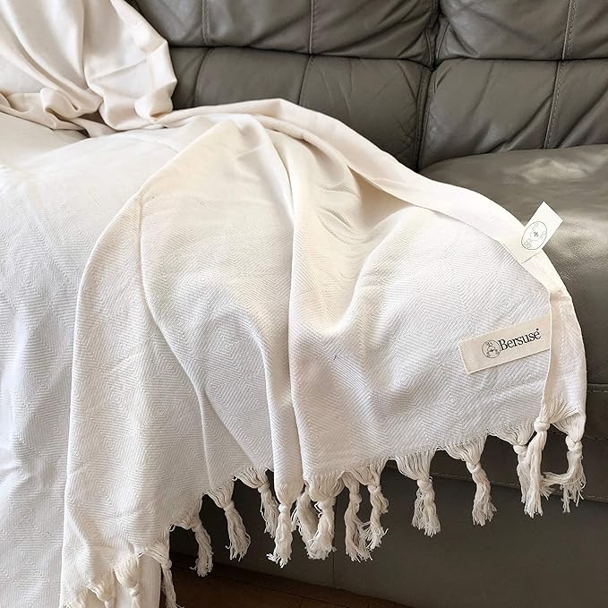 Bersuse 100% Cotton Milas XL Throw Blanket for Couch - 100% Cotton Lightweight Durable Throw Blanket, Big Blanket for Sensitive Skin, Decorative and Versatile - 60x90 Inches, White