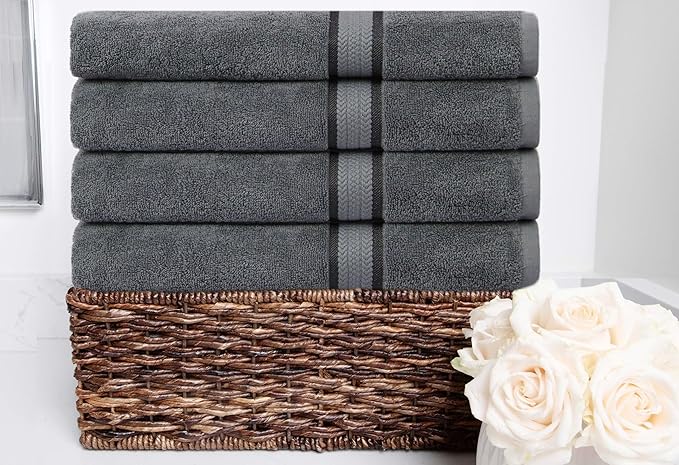 COTTON CRAFT - 4 Pack -Ultra Soft Oversized Extra Large Bath Towels 30x54 Charcoal- 100% Pure Ringspun Cotton - Luxurious Rayon Trim - Ideal for Daily Use - Each Towel Weighs 22 Ounces
