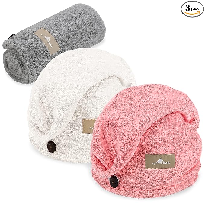 myHomeBody Hair Towel Wrap, Luxury Quick Drying Turban, Ultra Soft Absorbent Cap, with Coconut Shell Button – Light Gray, Pink, White, 3 Pack
