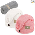 myHomeBody Hair Towel Wrap, Luxury Quick Drying Turban, Ultra Soft Absorbent Cap, with Coconut Shell Button – Light Gray, Pink, White, 3 Pack