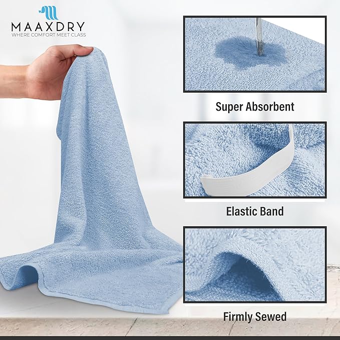 100% Cotton Hair Towel Wrap for Women, Men & Kids – Non-Microfiber 450 GSM Thick Super Absorbent Hair Towel 26x40 Inches, Secure Elastic Hair Wrap for Long & Curly Hair (Blue)