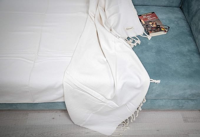 Bersuse 100% Cotton Milas XL Throw Blanket for Couch - 100% Cotton Lightweight Durable Throw Blanket, Big Blanket for Sensitive Skin, Decorative and Versatile - 60x90 Inches, White