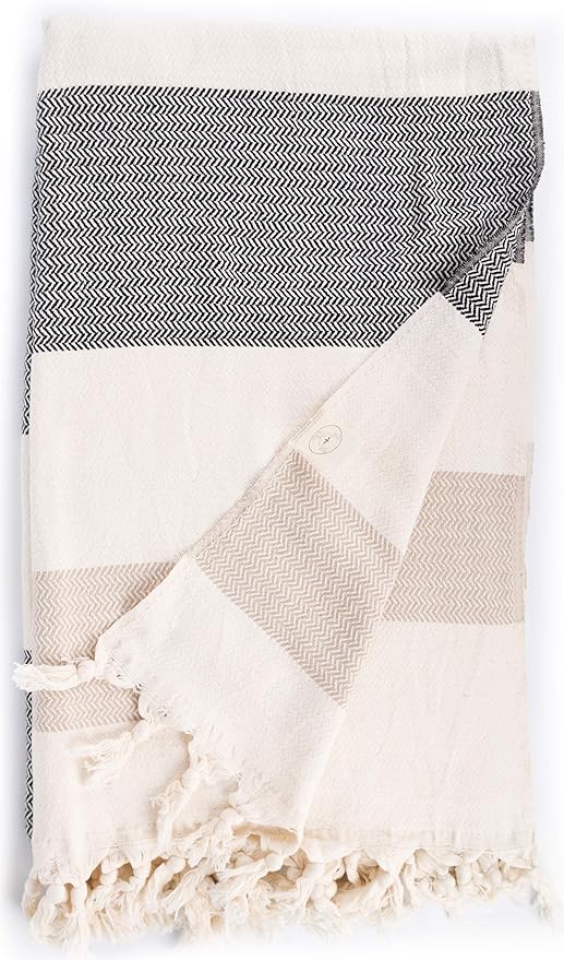 Bersuse 100% Cotton Aspendos XL Throw Blanket for Couch - 100% Cotton Lightweight Durable Throw Blanket, Big Blanket for Sensitive Skin, Decorative and Versatile - 60x90 Inches, Black-Beige