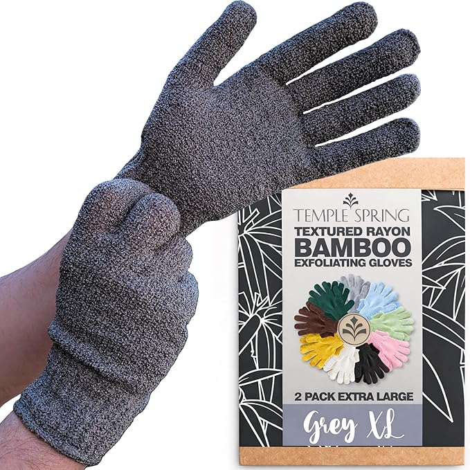 Temple Spring Exfoliating Gloves for Men & Larger Hands – Extra Large XL Textured Rayon Bamboo Shower Gloves with Thicker Weave for Deep Cleansing, Dead Skin Removal & Smooth Skin (1 Pair, Gray)