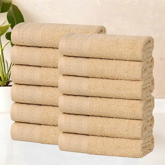 Superior Honeycomb Cotton Medium Weight Towels, for Guest Bath, Master Bathroom, Shower, Quick Dry, Adults, Home Essentials, Textured Waffle Border, Assorted Towel Set, 12 Piece Face Towel Set, Gold