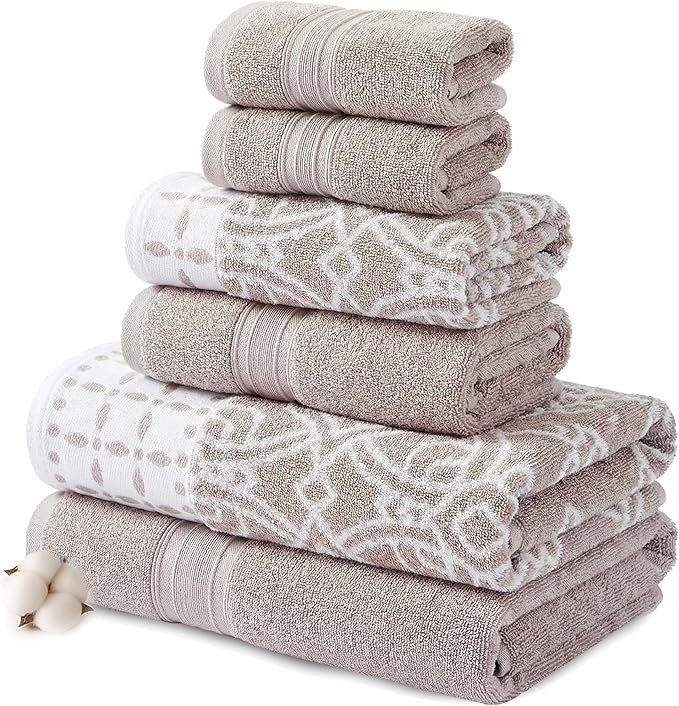 Modern Threads Monroe 6-Piece 100% Cotton Towel Set – Reversible Yarn Dyed Jacquard & Solid – Includes 2 Bath Towels, 2 Hand Towels, 2 Washcloths – Absorbent, Quick Dry, Soft & Durable – Light Brown