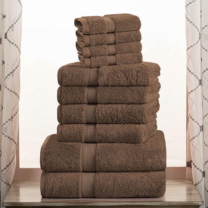 Superior Egyptian Cotton Pile 10 Piece Towel Set, Includes 2 Bath, 4 Hand, 4 Face Towels/ Washcloths, Ultra Soft Luxury Towels, Thick Plush Essentials, Guest Bath, Spa, Hotel Bathroom, Chocolate