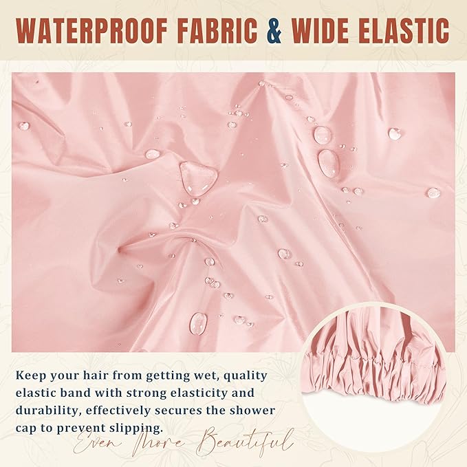 Reusable Shower Cap for Women, Large Waterproof Shower Bonnet with Elastic Band, Washable Bath Hair Cap for Long, Curly Hair, Braids, Daily Shower, Home Spa, Travel(Pink)