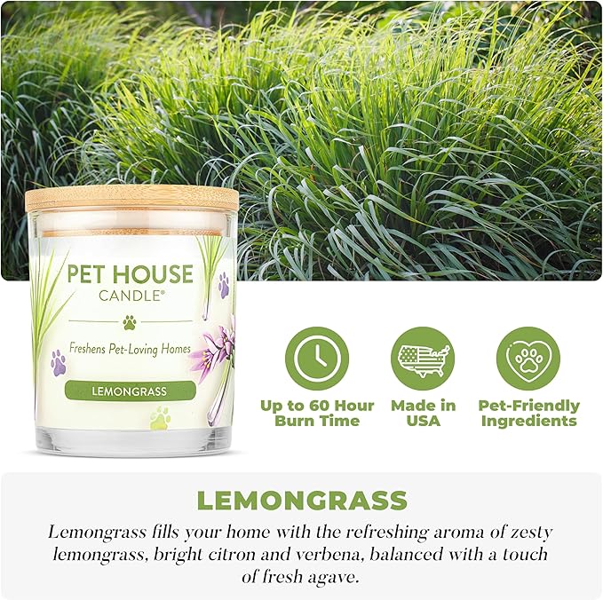 Pet House Candles, Long Burning Scented Candles for Pet Odors, Plant-Based, 60 Hour Burn Time - Lemongrass, 9 oz, 2 Pack