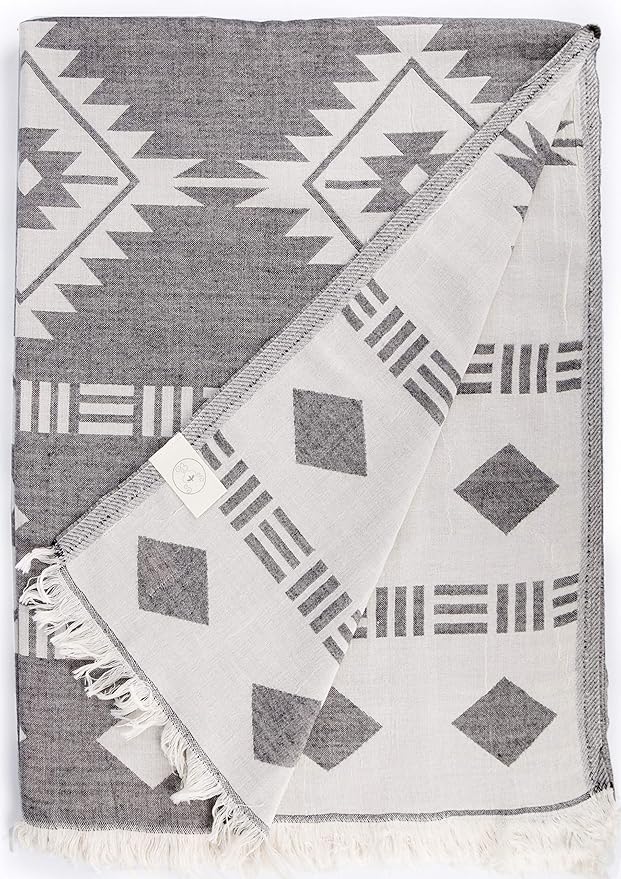 Bersuse 100% Cotton Belize XL Throw Blanket Turkish Towel Beach Blanket - Beach Camping Essentials - 75x90 Inches, Black