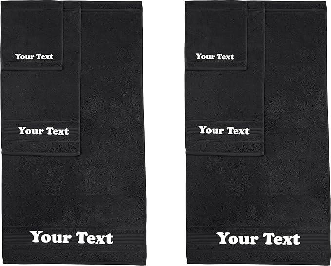 Personalize Your Towels with Custom Embroidery: Names, Monograms, and Initials. Perfect For Kids, Adults, Travel, Gifts, 6-Piece Towel Set; 2 Bath Towels, 2 Hand Towels, and 2 Wash Cloths - Black