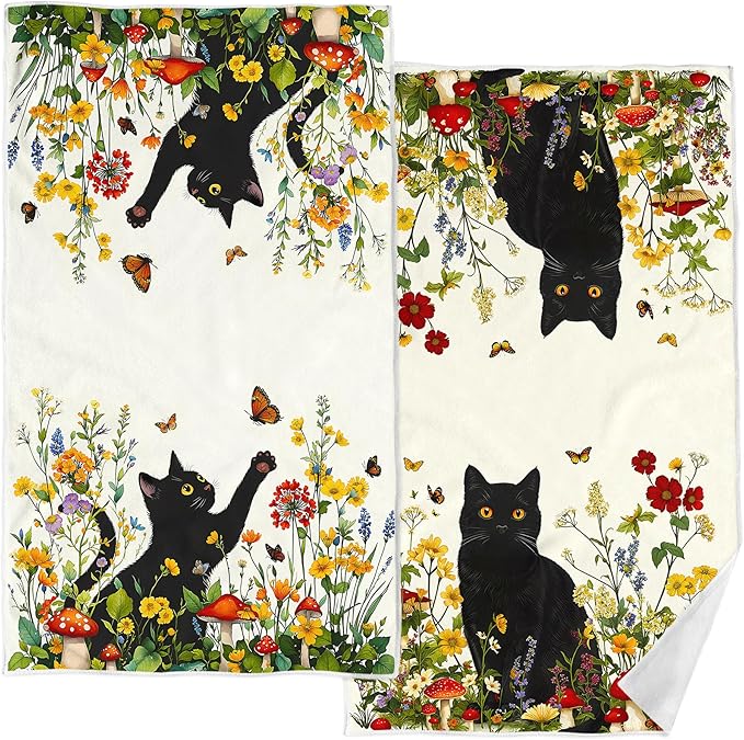 Accnicc 2 Pack Black Cat Bathroom Hand Towels Decorative Spring Floral Dish Kitchen Towel 16x27 Inch Botanical Butterfly Mushroom Wildflowers Absorbent Soft Microfiber Bath Towels Hotel Spa Decor