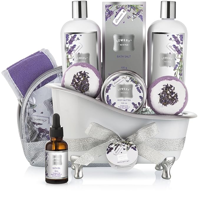 Mothers Day Bath Gift Basket Set for Women: Relaxing at Home Spa Kit Scented - Lavender and Jasmine with Large Bath Bombs, Salts, Shower Gel, Body Butter Lotion, Bath Oil, Bubble Bath, Loofah & More