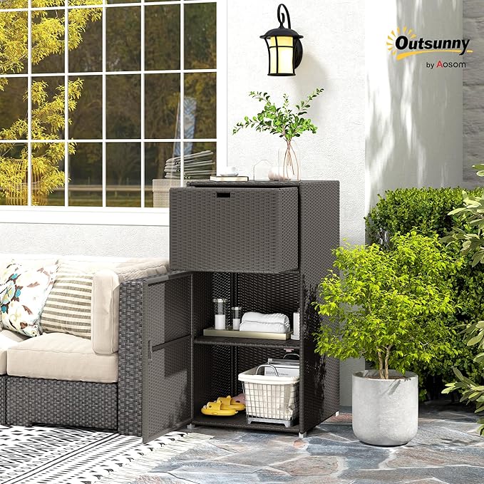 Outsunny Outdoor Towel Rack & Pool Storage Cabinet/Hot Tub Accessory Storage, Waterproof PE Rattan Cabinet & Basket Drawer for Indoor, Swimming Pool, Spa, 24"x24"x47", Dark Brown