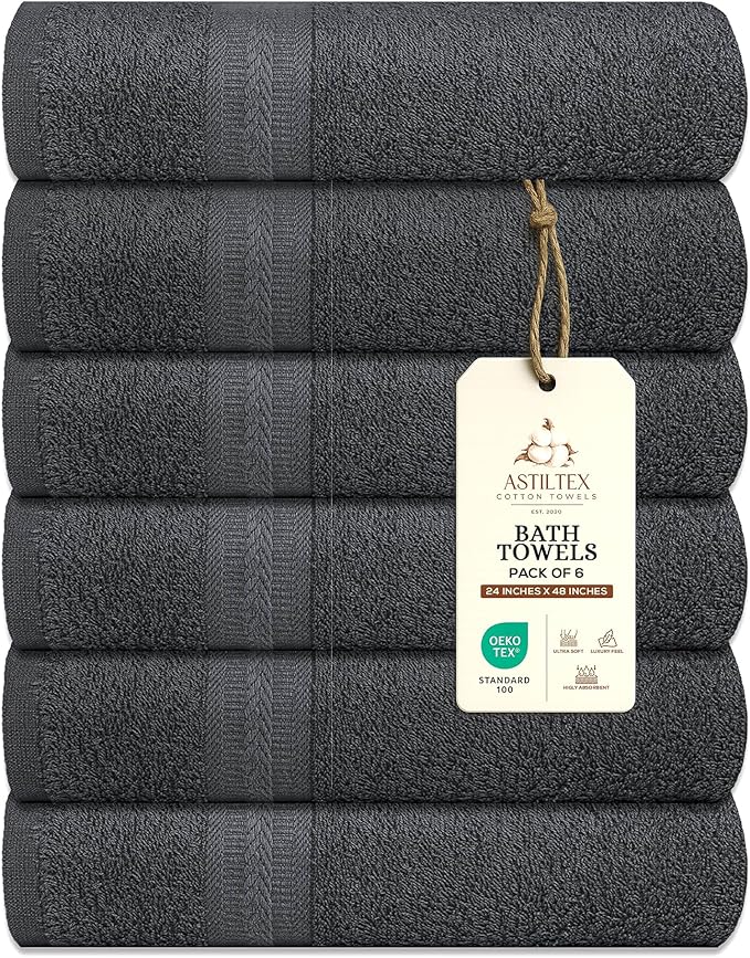 Medium Bath Towels Pack of 6 – 24x48 Inches – Soft, Quick Dry & Highly Absorbent – 100% Cotton Towels for Bathroom, Spa, Gym & Hotel – Charcoal Grey