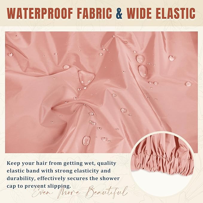 Reusable Shower Cap for Women, Large Waterproof Shower Bonnet with Elastic Band, Washable Bath Hair Cap for Long, Curly Hair, Braids, Daily Shower, Home Spa, Travel(Blush Pink)