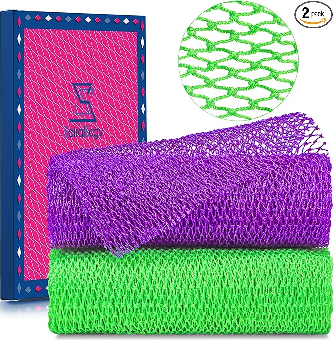 2 Pieces African Net Sponge – Real Authentic Exfoliating Bath Sponges for Silky Smooth Skin, Deep Cleansing Mesh for Full Body, Quick-Drying & Travel-Friendly (Purple Green)