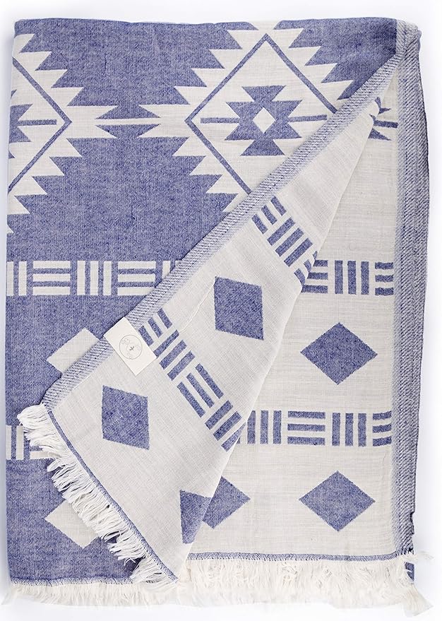 Bersuse 100% Cotton Belize XL Throw Blanket Turkish Towel Beach Blanket - Beach Camping Essentials - 75x90 Inches, Dark Blue