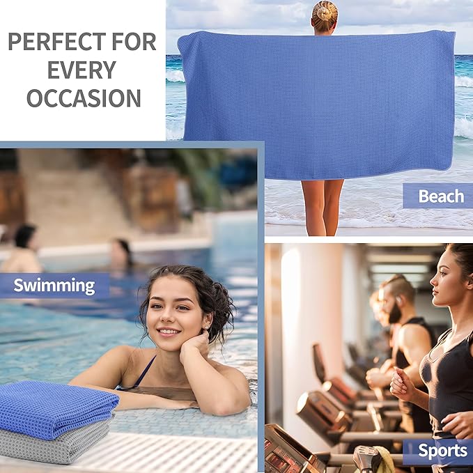 MICROFI New Microfiber Waffle Bath Towels, 2 Pieces, Soft, Absorbent, Fast Drying, Lint Free 430 GSM (Silver+Dark Blue)