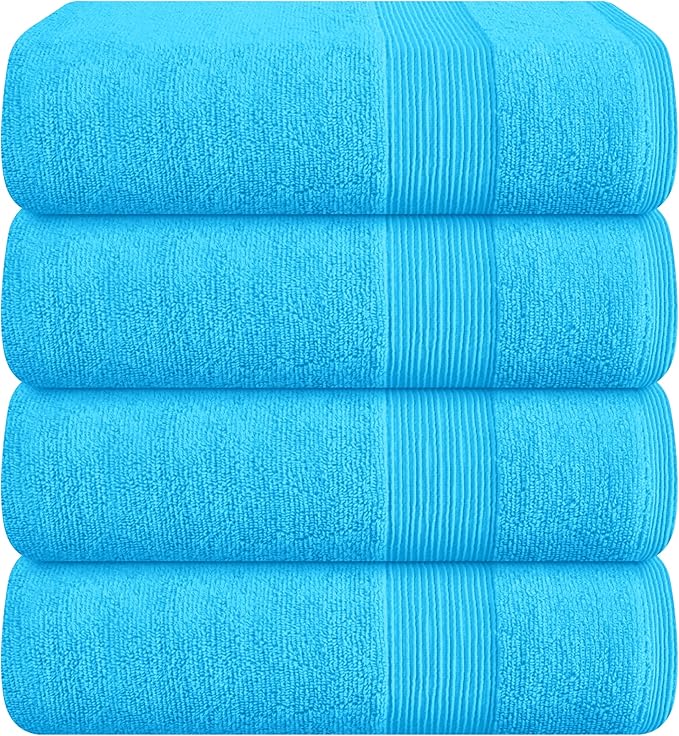 Belizzi Home 4 Pack Bath Towel Set 27x54, 100% Ring Spun Cotton, Ultra Soft Highly Absorbent Machine Washable Hotel Spa Quality Bath Towels for Bathroom, 4 Bath Towels Turquoise Blue
