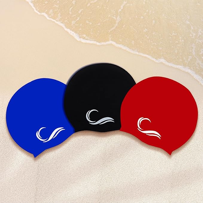 Interlaken Silicone Swim Cap (Check Size Before Buying) - Waterproof Black, Red & Blue Swim Cap