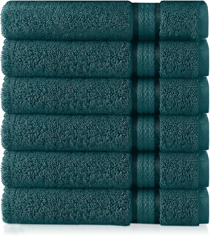 Cotton Craft Ultra Soft 6 Pack Hand Towels 16x28 Teal Weighs 6 Ounces Each - 100% Pure Ringspun Cotton - Luxurious Rayon Trim - Ideal for Everyday use - Easy Care Machine wash