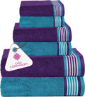 CASA COPENHAGEN He & She 6 Pieces Towel Set- Violet Indigo + Blue Green, 550 GSM 2 Bath Towel 2 Hand Towel 2 Washcloth, Designed in Denmark Made of Soft Egyptian Cotton for Bathroom, Kitchen & Shower