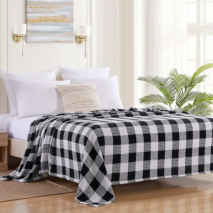 Fine Cotton Blend Blanket Luxurious Weave Stylish Design Soft and Comfortable All Season Warmth, Full/Queen, Buffalo Plaid Black White(Pack of 1)
