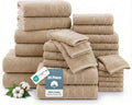 24-Piece 100% Cotton Towels and Washcloths Set – 2 Bath Sheets, 2 Bath, 2 Gym Towel, 4 Fingertip, 6 Hand, 8 Washcloths, Stays Plush After Washes, Ideal for Spa, Hotel & Family Bathrooms - Beige