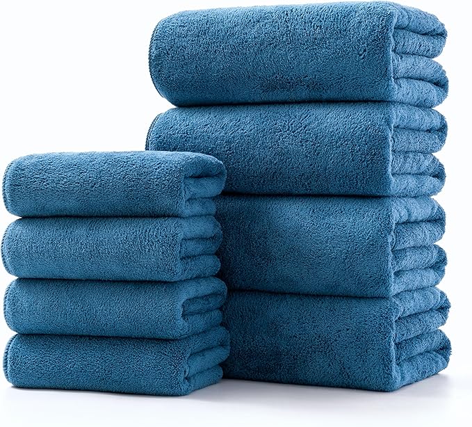 Lumimi Towel Set of 8 Very Soft Microfiber 4 Bath and 4 Hand Towels Quick Dry Light Weight for Bathroom Gym Salon, 8 Pack Blue
