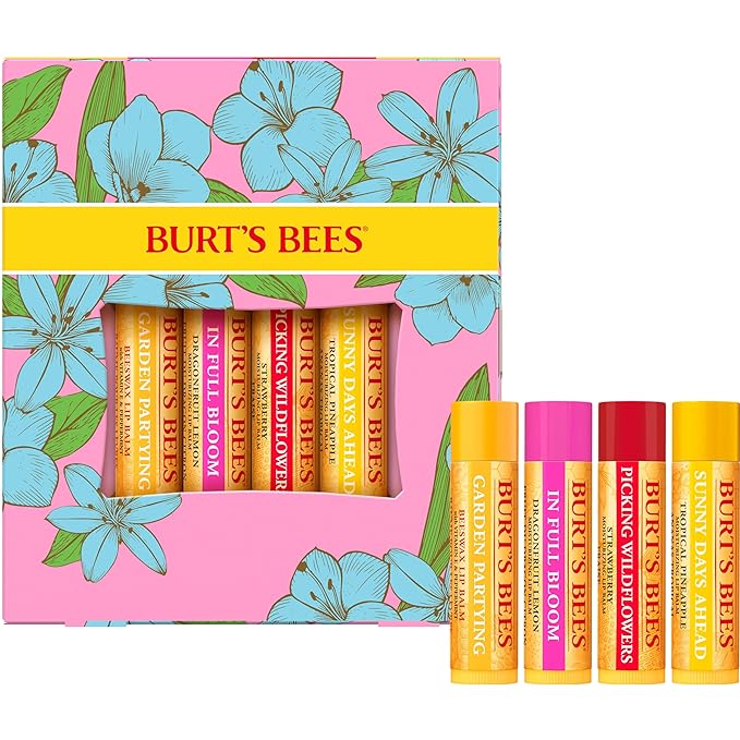 Burt's Bees Gifts Ideas - In Full Bloom Lip Balm Set, Original Beeswax, Dragonfruit Lemon, Tropical Pineapple & Strawberry, Natural Origin Lip Treatment, 4 Tubes, 0.15 oz. (Pack of 8)