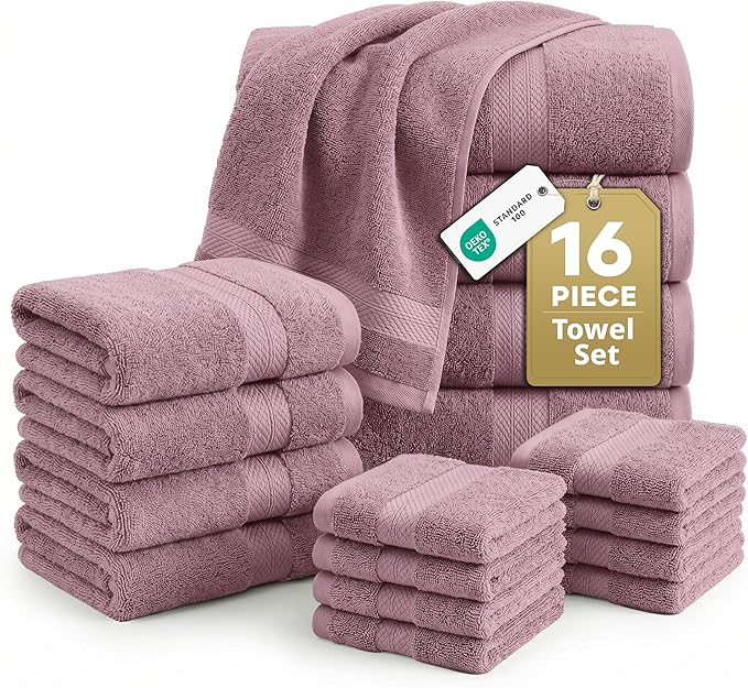 LANE LINEN 100% Cotton Turkish Towels for Bathroom - 16 Piece - Softer & Highly Absorbent - 4 Bath, 8 Wash cloths, 4 Hand Towels - Complete Family Set, Hotel Quality & Gentle on Skin - Wistful Mauve