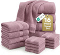 LANE LINEN 100% Cotton Turkish Towels for Bathroom - 16 Piece - Softer & Highly Absorbent - 4 Bath, 8 Wash cloths, 4 Hand Towels - Complete Family Set, Hotel Quality & Gentle on Skin - Wistful Mauve