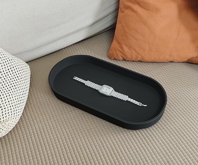Black Small Tray (11.8 inch), Oval Tray for Kitchen Counter, Bathtub Bathroom Vanity Items, Countertop Organizer, Coffee Accessory, Bar, Serving Seasoning, Salt and Pepper, Soap, Perfume.