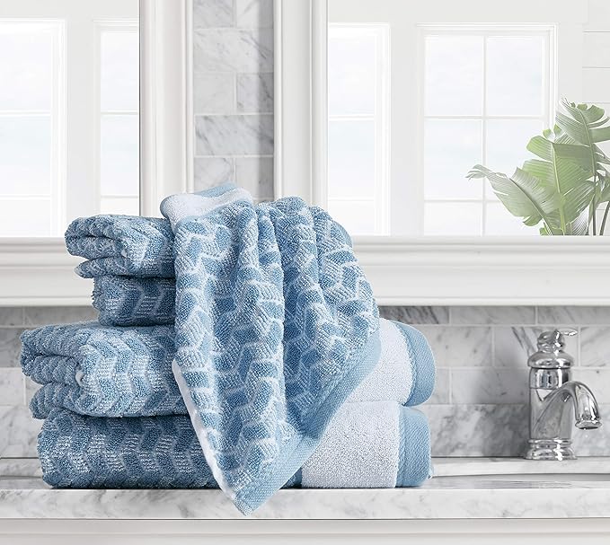 Nautica - Bath Towel Set, Cotton Bath, Hand & Washcloths, Plush, Absorbent & Quick-Dry, Chevron Print, Americana Decor, Set of 6, Zane Blue