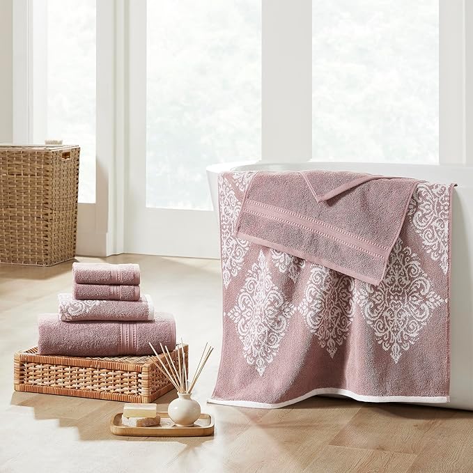 Modern Threads 6 Piece Reversible Yarn Dyed Jacquard Towel Set Artesia Damask Woodrose