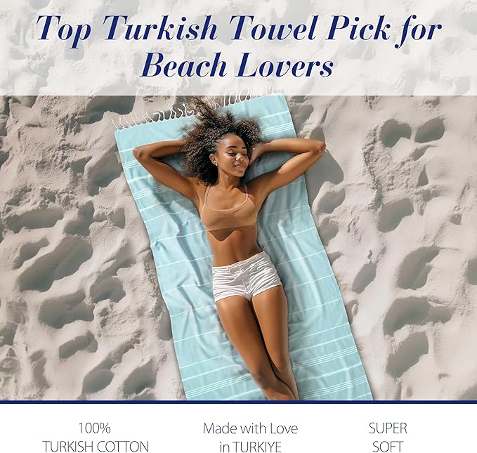 Cacala Lightweight and Thin Turkish Beach Towel 100% Cotton Sand-Free and Quick-Drying Goodness Perfect as an Extra Large Travel Towel, Beach Accessory, or Gift for Beach Lovers, 37 x 70