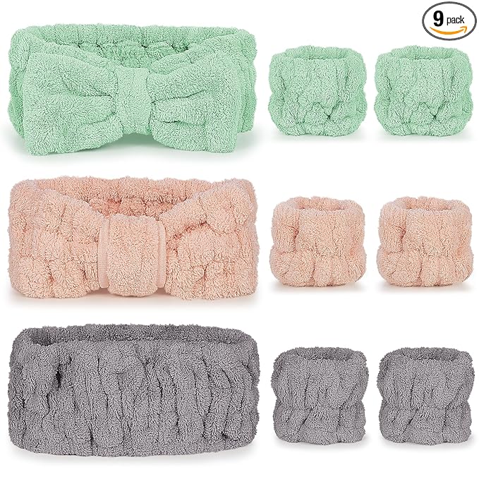 DiyJibb 9 Pcs Spa Headband for Washing Face,Skincare Headband and Wristband Set,Women Teen Girls Facial Hairbands for Washing Face, Makeup, Sports, Yoga (orange-pink + green + dark grey)