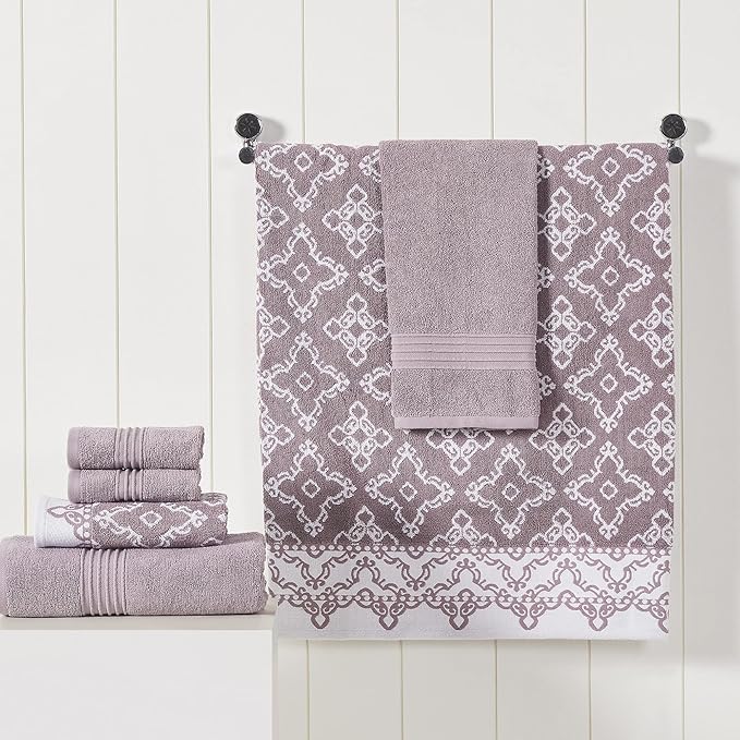 Modern Threads Charlize 6-Piece 100% Cotton Towel Set–Reversible Yarn Dyed Jacquard & Solid – Includes 2 Bath Towels, 2 Hand Towels, 2 Washcloths – Absorbent, Quick Dry, Soft & Durable – Orchid