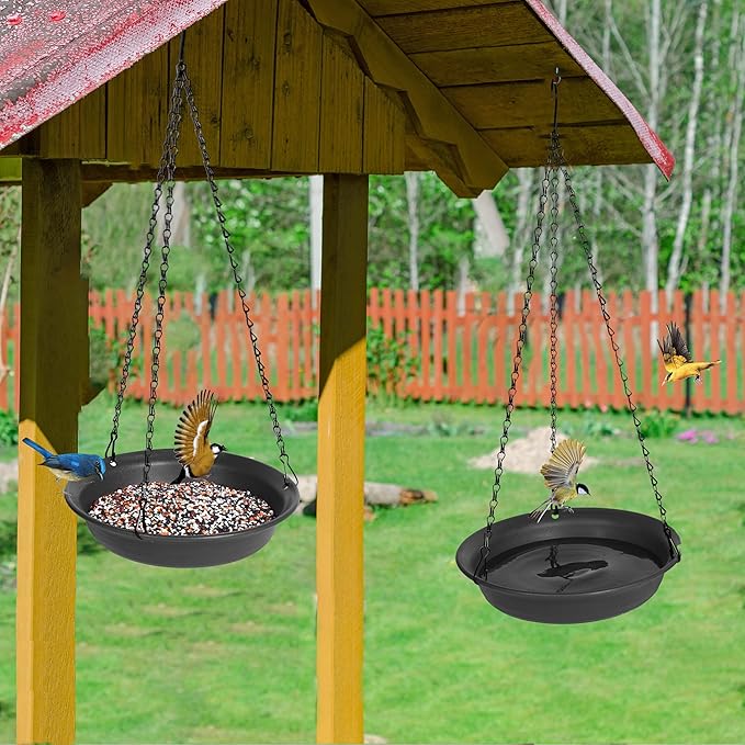 VUWEZ Hanging Bird Bath, Hanging Bird Water Feeder for Outdoors, Feeder Bowl, 1 Pack Birdbath Tray Accessories for Outside, Plastic Birdbaths Tray for Garden Patio Decoration (8", Dark Black)