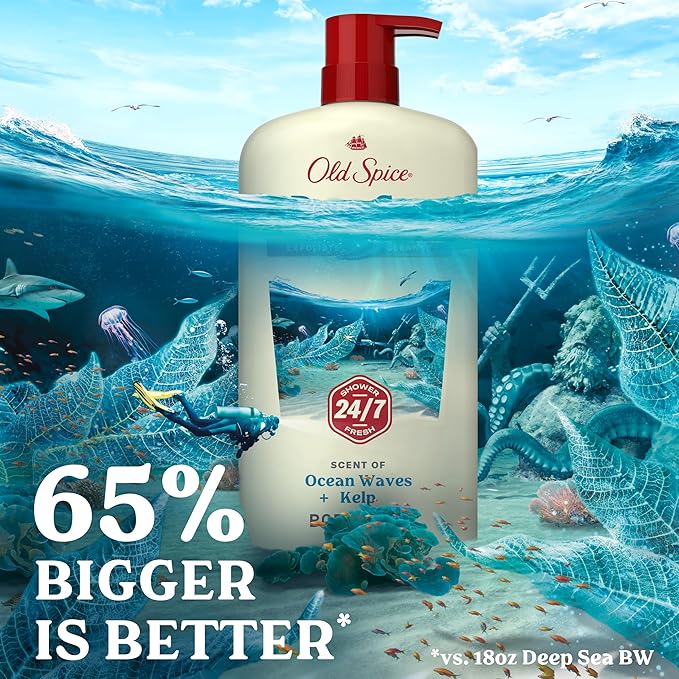 Old Spice Cleansing Body Wash for Men, 24/7 Shower Fresh with Lasting Scent, Exfoliate & Cleanse, Gentle on Skin, Vitamin B3, Deep Sea with Ocean Waves + Kelp Scent, 30 oz (Pack of 4)
