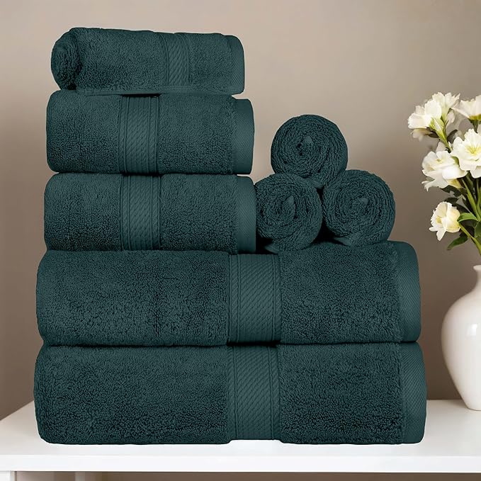 SUPERIOR Egyptian Cotton Pile 8 Piece Towel Set, Includes 2 Bath, 2 Hand, 4 Face Towels/Washcloths, Ultra Soft Luxury Towels, Thick Plush Essentials, Guest Bath, Spa, Hotel Bathroom, Teal