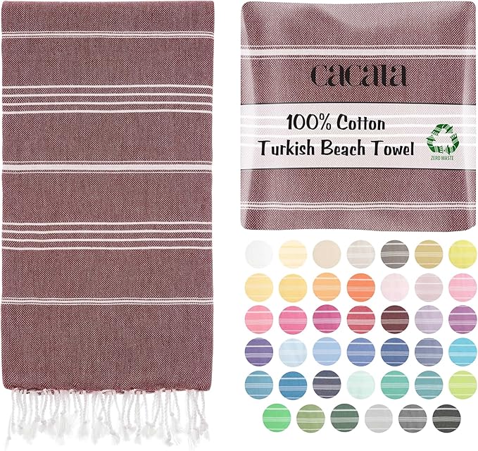 Cacala Lightweight and Thin Turkish Beach Towel 100% Cotton Sand-Free and Quick-Drying Goodness Perfect as an Extra Large Travel Towel, Beach Accessory, or Gift for Beach Lovers, 37 x 70