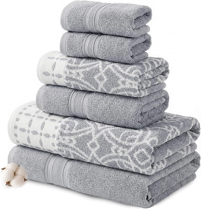 Modern Threads Monroe 6-Piece 100% Cotton Towel Set – Reversible Yarn Dyed Jacquard & Solid – Includes 2 Bath Towels, 2 Hand Towels, 2 Washcloths – Absorbent, Quick Dry, Soft & Durable – Stone