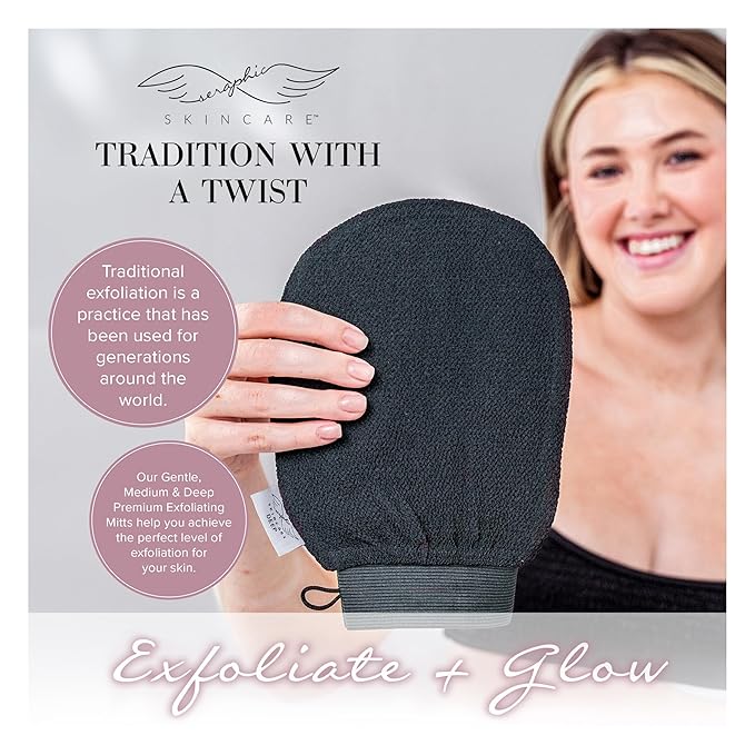 Seraphic Skincare Premium Exfoliating Mitt for Body, Deep – Viscose Fiber Korean Exfoliating Glove for Normal to Dry Skin – Body Exfoliator for Self-Tan Removal and Application