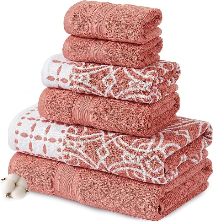 Modern Threads Monroe 6-Piece 100% Cotton Towel Set – Reversible Yarn Dyed Jacquard & Solid – Includes 2 Bath Towels, 2 Hand Towels, 2 Washcloths – Absorbent, Quick Dry, Soft & Durable – Clay
