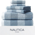 Nautica - Bath Towel Set, Cotton Bath, Hand & Washcloths, Plush, Absorbent & Quick-Dry, Striped Americana Decor, Set of 6, Oak Lake Blue