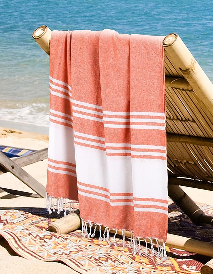 Goroly Home Cotton Turkish Peshtemal Beach Towel, Extra Large, Thin Quick Dry Sand Free Pool & Swim Towel, Bathing Blanket, Travel Essentials, (Orange, 36x71 Inches)