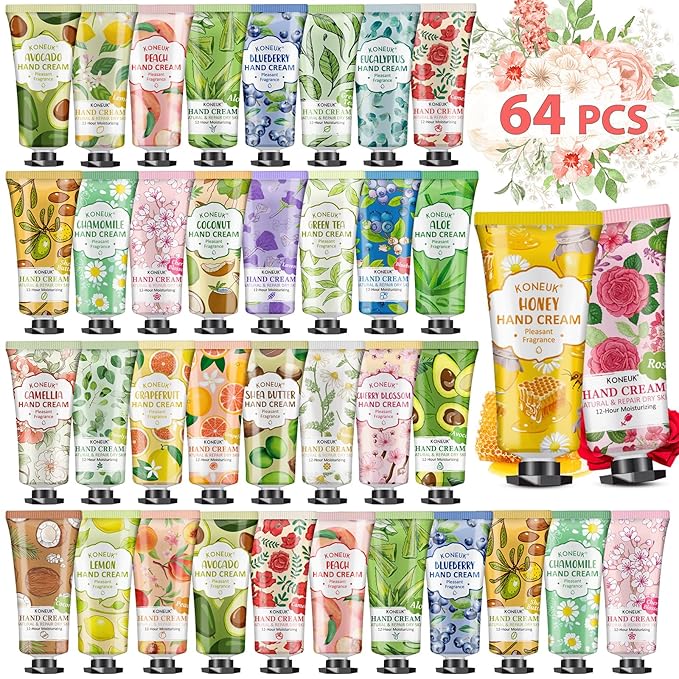 KONEUK 64 Pack Moisturizing Hand Cream Set, Mothers Day Gifts for Mom, Bulk Hand Lotion Travel Size for Dry Cracked Hands, Mini Hand Cream for Teacher Appreciation Gifts, Nurse Gifts, Thank You Gifts